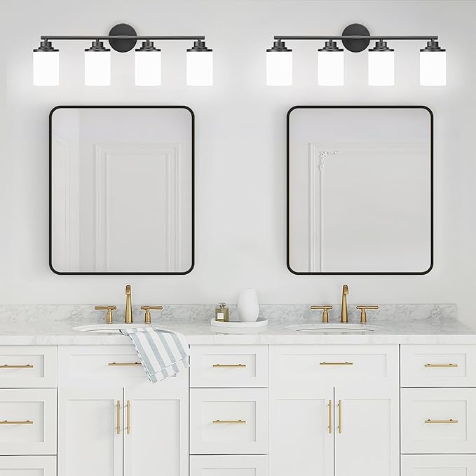 Bathroom Light Fixtures,Matte Black Bathroom Lights,4-Light Vanity Light Over Mirror,Modern Vanity Light Fixture with Frosted Glass