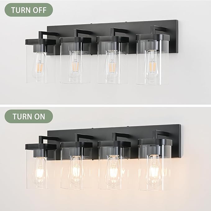 4-Light Bathroom Lighting Fixtures over Mirror, Matte Black Vanity Lights with Square Transparent Glass Shade. Modern Bathroom Vanity Light for Mirror Kitchen, Living Room, Gallery, Hallway