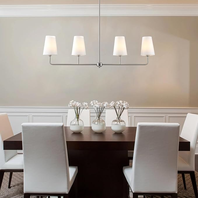 Brushed Nickel Chandelier for Kitchen Island 4-Light Linear Chandeliers for Dining Room Modern Farmhouse Classic Light Fixture with White Linen Shades Over Dining Table