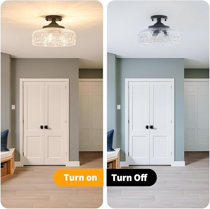 Semi Flush Mount Ceiling Light Fixture, Vintage Matte Black 3-Light Fixture with Etched Crystal Glass Shade for Kitchen,Hallway, Entryway, Bedroom (No E12 Bulbs Included)
