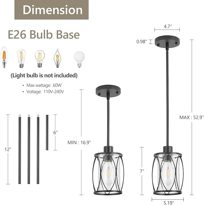 Glass Pendant Lights Kitchen Island Black Pendant Light Fixtures Adjustable Modern Mini Hanging Light with Clear Glass for Sink Dining Room Foyer Entryway Bar, 2 Pack