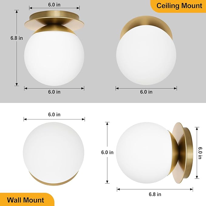 2 Pack Wall Sconces, Modern Globe Sconces in Aged Brass, Wall Light for Bedroom Bathroom Living Room & Hallway Vanity Lighting, Ceiling Light Fixture