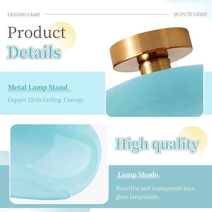 Lighting Nordic Glass Flush Mount Ceiling Light Mid Century Round Semi Flush Mount Ceiling Light Fixtures wtih Blue Dome Glass Shade Bathroom Overhead Lights Hallway Lights Fixture