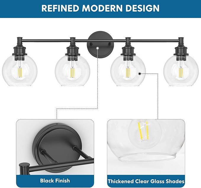 Bathroom Light Fixtures, 4-Light Matte Black Vanity Light Globe Glass Shades, Bathroom Lighting Fixtures Over Mirror, Wall Sconces for Master Bathroom, Guest Bathroom, Powder Room, 28-inch