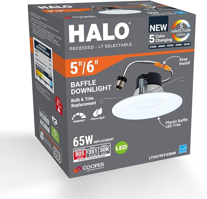 HALO 5 inch / 6 inch LED Recessed Light Trim 750 Lumens Dimmable Baffle Can Light with 5 Color Temperatures for Ceiling Indoor Outdoor Shower LT56079FS1EWHR