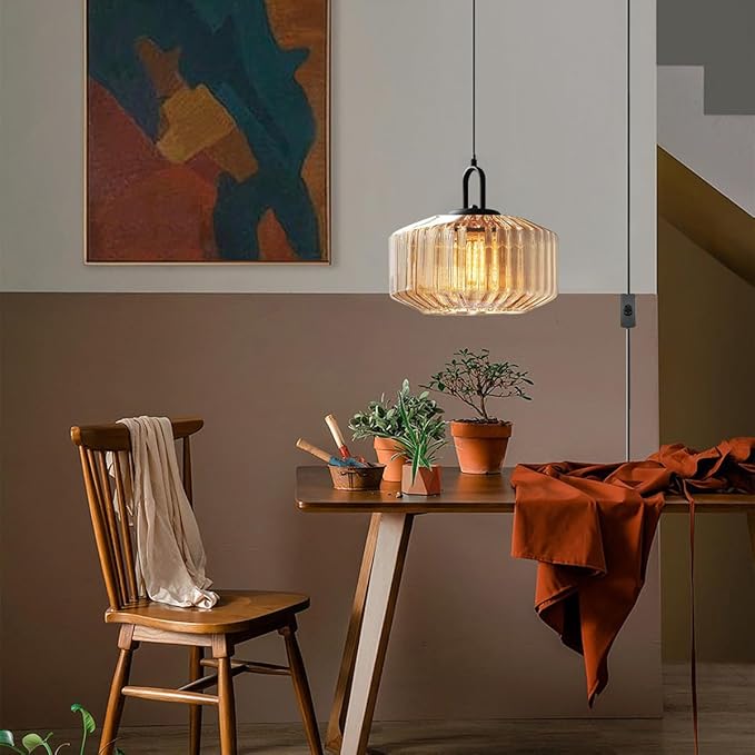 Plug in Pendant Lights Amber Glass Lampshade Large Globe Hanging Lamp Kitchen Island Mid Century Hanging Lamp with 14.7 ft Plug in Cord Swag Style Plug in Light Fixture for Living Room