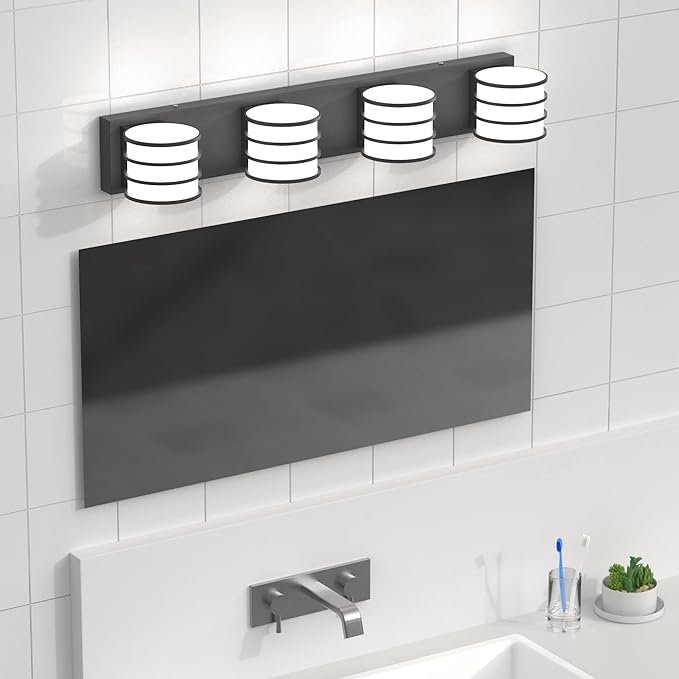 LED Bathroom Vanity Light - 28.4 Inch Black 4-Light Fixture with White Acrylic Shades, 6000K Cool White, Mirror Lighting for Bathroom, Bedroom, Hallway, Living Room Wall Sconce