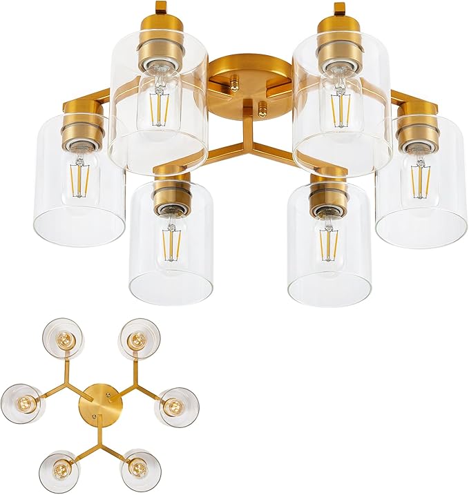 YYT Gold Ceiling Light Fixture Mid-Century Kitchen Ceiling Light Fixtures Modern Gold Semi Flush Mount Light 6-Light Fixtures for Dining Room Brass Cieling Lights with Glass Shade