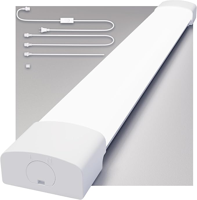 LED Shop Light Fixture, 2FT Linkable 18W Plug in Wall Light, 5000K Closet Light for Workbench Kitchen Basement, Under Cabinet Lighting, LED Tube Light Fixture with Plug, Triproof, White