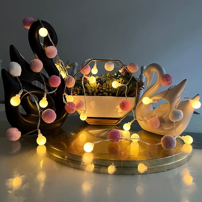 ChiRee Indoor String Lights 6.56 Feet Pom Poms Fairy 20 LED Battery Operated Ball Warm White Globe Colorful Decor for Home Bedroom Kids Playhouse Holiday Christmas