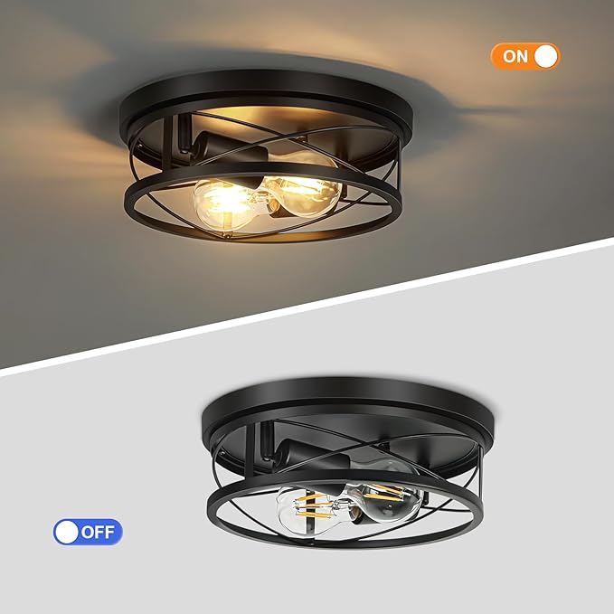 Farmhouse Lights,Black Industrial 2 Pack Round Metal Flush Mount Hallway & Bedroom Ceiling Lamp, Kitchen Round Lights (Bulbs Not Included)
