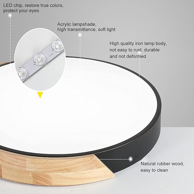 Wood LED Flush Mount Ceiling Light, 4500K Modern Round Close to Ceiling Light Fixtures, 12 Inch Minimalist Black Ceiling Lamp, Low Profile Ceiling Lights for Bedroom, Kitchen, Laundry