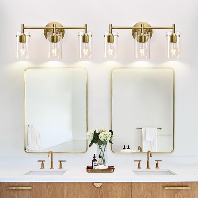 Indoi Bathroom Light Fixtures, 3-Light Brass Vanity Light, Black Bathroom Lights Over Mirror with Clear Glass Shade, Wall Sconces for Mirror Bedroom Living Room Hallway