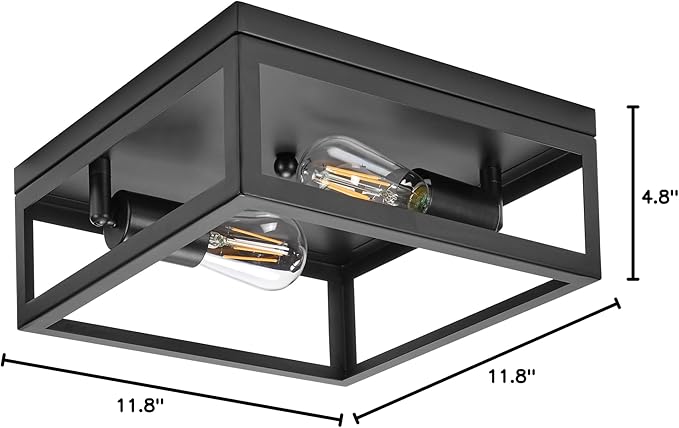 Maxxima Indoor/Outdoor Flush Mount Ceiling Light Fixture, 2-Light Square Farmhouse Close to Ceiling Entryway Light, Black, Bulbs Not Included