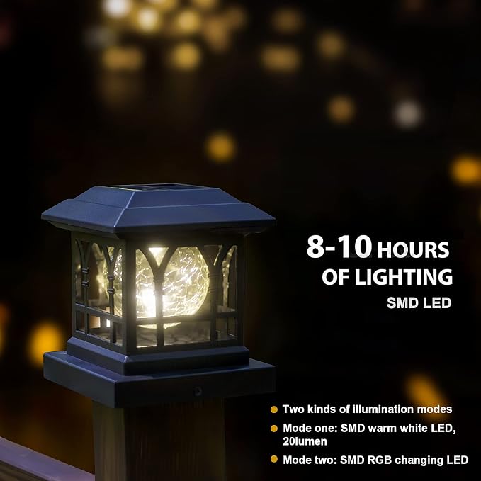 Solar Post Cap Lights, Warm White & RGB Automatic Cycling, Cracked Glass Bulb, 20 Lumens lP65 Waterproof Fit 3.6x3.6 4x4 4.5x4.5 5x5 Wood Fence Post Solar Powered Lights Black (12 Pack)