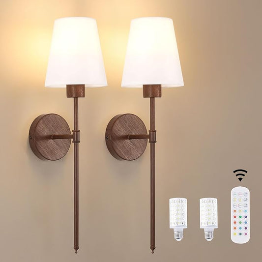 Shenmoyl Battery Operated Wall Sconces Set of 2, Walnut Color Wall Lamp 6000 mAh Rechargeable Bulb with 12 RGB Colors Dimmable Wall Sconce for Living Room Bedroom