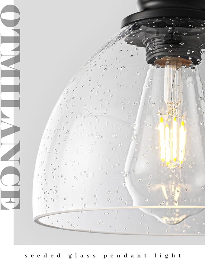 7.5" Seeded Glass Pendant Light 1 Pack, Vintage Hanging Kitchen Lights, Black Glass Pendant Lighting for Kitchen Island, Dining Room, Bar, Cafe