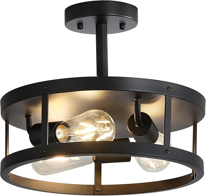 Farmhouse Semi Flush Mount Ceiling Light, 13 Inch Black Close to Ceiling Lights 3-Light, Easy Assembled, Vintage Metal Cage Drum Flush Mount Ceiling Lights for Bedroom Kitchen Porch Laundry