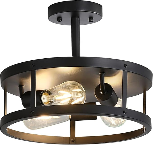 Farmhouse Semi Flush Mount Ceiling Light, 13 Inch Black Close to Ceiling Lights 3-Light, Easy Assembled, Vintage Metal Cage Drum Flush Mount Ceiling Lights for Bedroom Kitchen Porch Laundry
