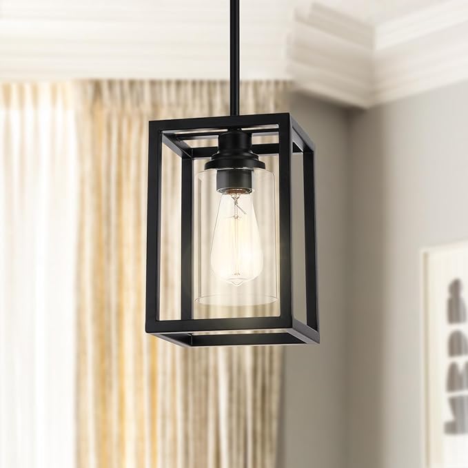 Matte Black Farmhouse Pendant Light Fixtures, Industrial Kitchen Island Light, Rectangle Linear Metal Hanging Lighting Fixture Ceiling Mount with Clear Glass Shade E26 Base for Dining Room, 2 Pack