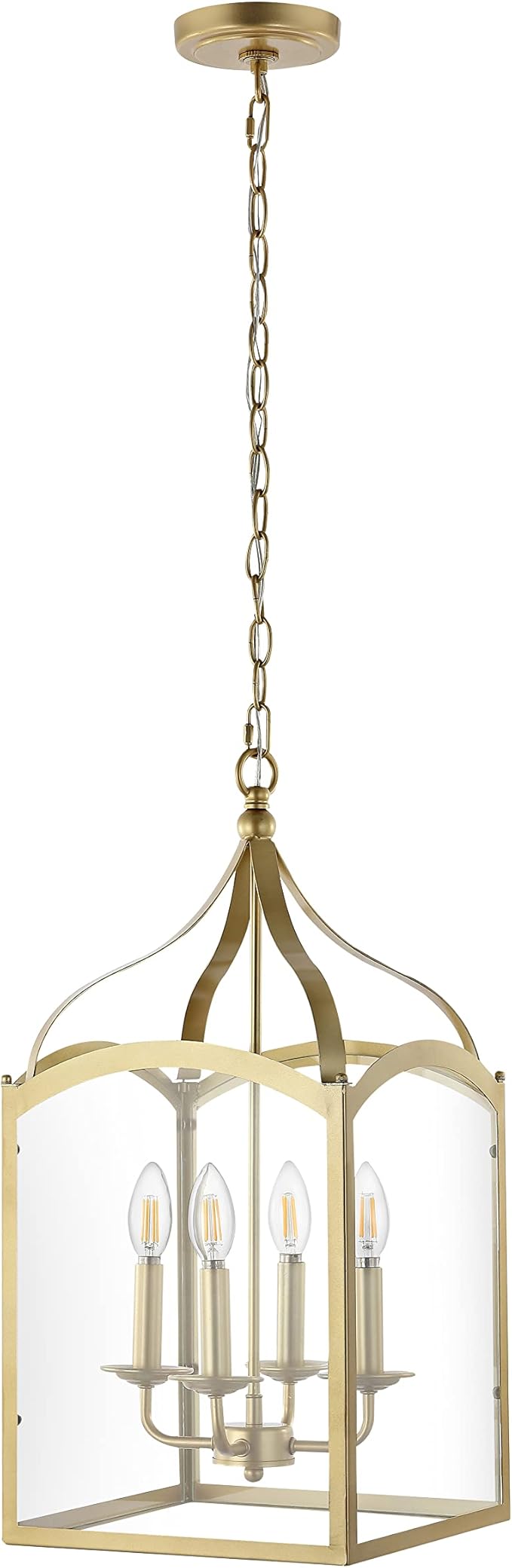 JONATHAN Y 11" Antique Gold 4-Light Traditional Lantern Pendant Light, Metal and Clear Glass Shade, Classic Chandelier for Foyer, Kitchen Island, LED Bulbs Included (JYL7403C)