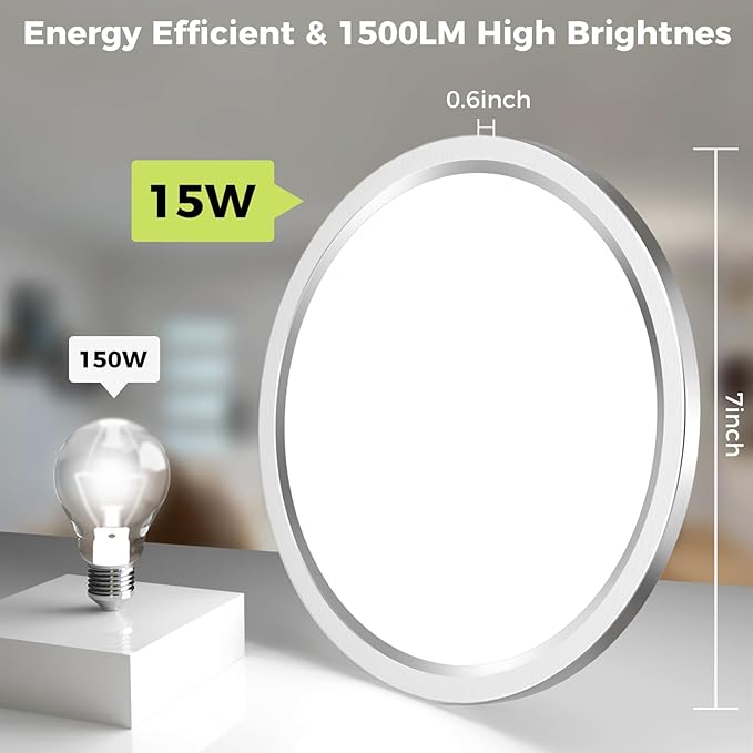 2Pack LED Flush Mount Ceiling Light Fixture Brushed Nickel, 7Inch 15W, Dimmable&3000K-6500K Adjustable Low Profile Ceiling Lights, 1500LM Round Lamp for Bathroom, Bedroom, Closet, Kitchen, Hallway