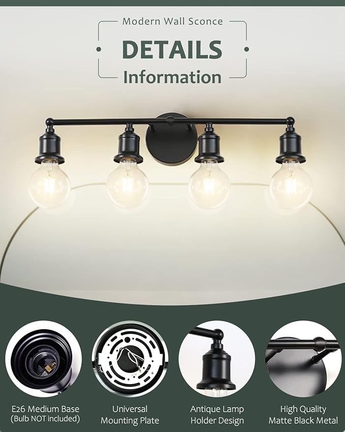 4-Light Vanity Light Fixture, Industrial Black Wall Sconce Lighting Fixture, Farmhouse Bathroom Wall Light, Vintage E26 Base Wall Lamp for Mirror Cabinet(Bulb Not Included)