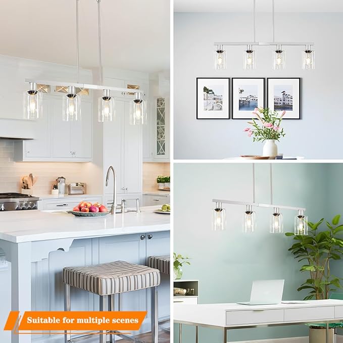 Brushed Nickel 4-Light Kitchen Island Lighting, Adjustable Island Lights for Kitchen with Clear Glass Shades - Kitchen Pendant Lighting over Sink, Farmhouse Chandelier for Dining Tables & Bars