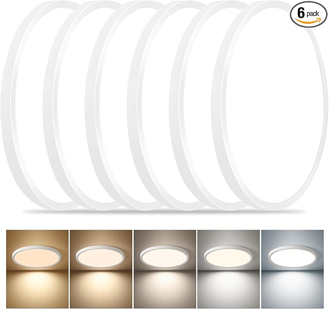 6PK Dimmable 12 Inch LED Flush Mount Ceiling Light, 24W, 2520LM, 2700K/3000K/4000K/5000K/6000K CCT Selectable, White Round Flat Panel Light Low Profile Ceiling Lamp for Bedroom/Kitchen/Living Room