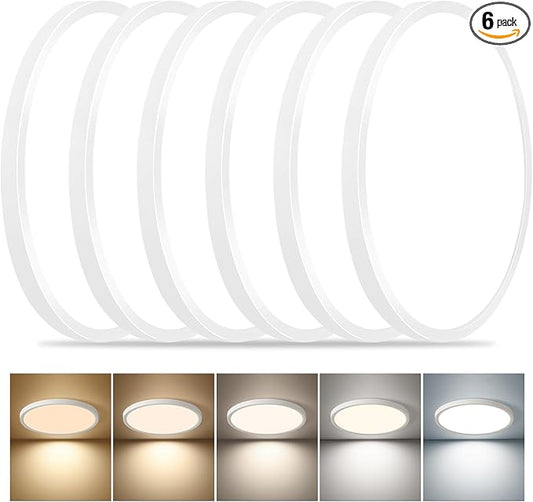 6PK Dimmable 12 Inch LED Flush Mount Ceiling Light, 24W, 2520LM, 2700K/3000K/4000K/5000K/6000K CCT Selectable, White Round Flat Panel Light Low Profile Ceiling Lamp for Bedroom/Kitchen/Living Room