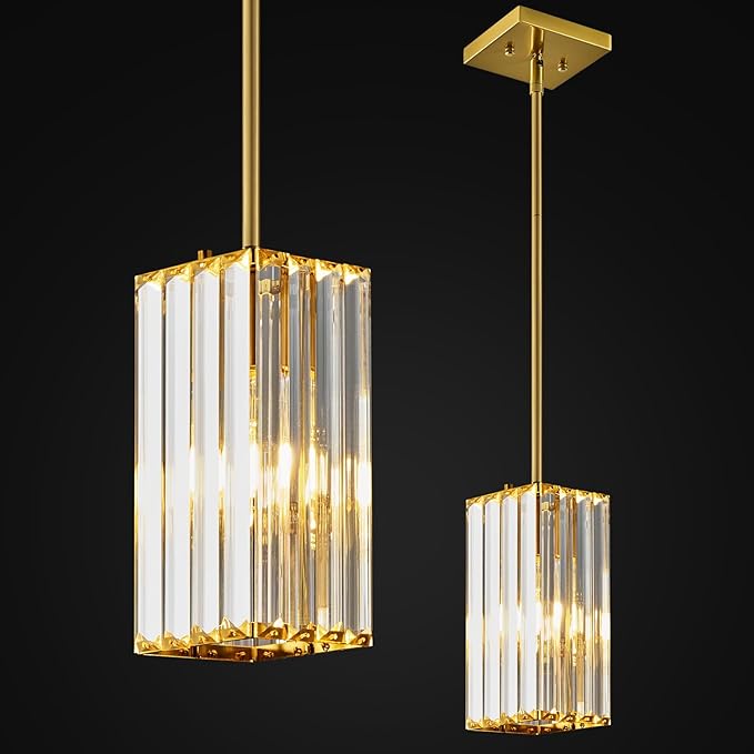 Modern Pendant Light Gold Rectangle Pendant Lighting Mini Crystal Chandeliers Adjustable Pendant Light Fixture for Kitchen Island Dinning Room Living Room Corridor Bedroom(Gold 1-Pack)