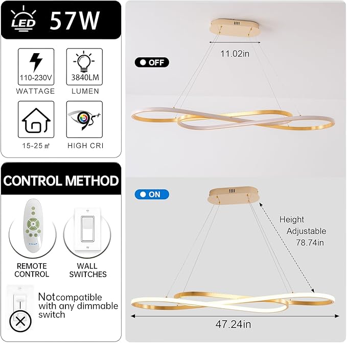 Gold Modern Chandelier for Dining Room,47.24" Linear Led Chandelier Large Modern Pendant Light for Kitchen Island Lighting Dimmable 3000K-6500K Adjustable Color Temperature