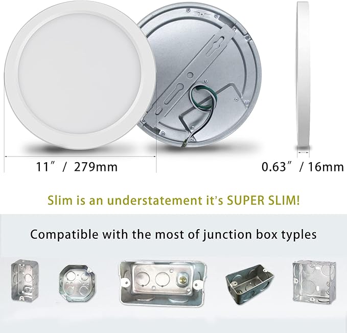 11 in LED Ceiling Light Flush Mount,ETL Listed Ultra Slim 0.63" Thick Round Flat Ceiling Lamp Dimmable 5000K Ceiling Light Fixtures for Bathroom, Kitchen, Closet,10 Pack White