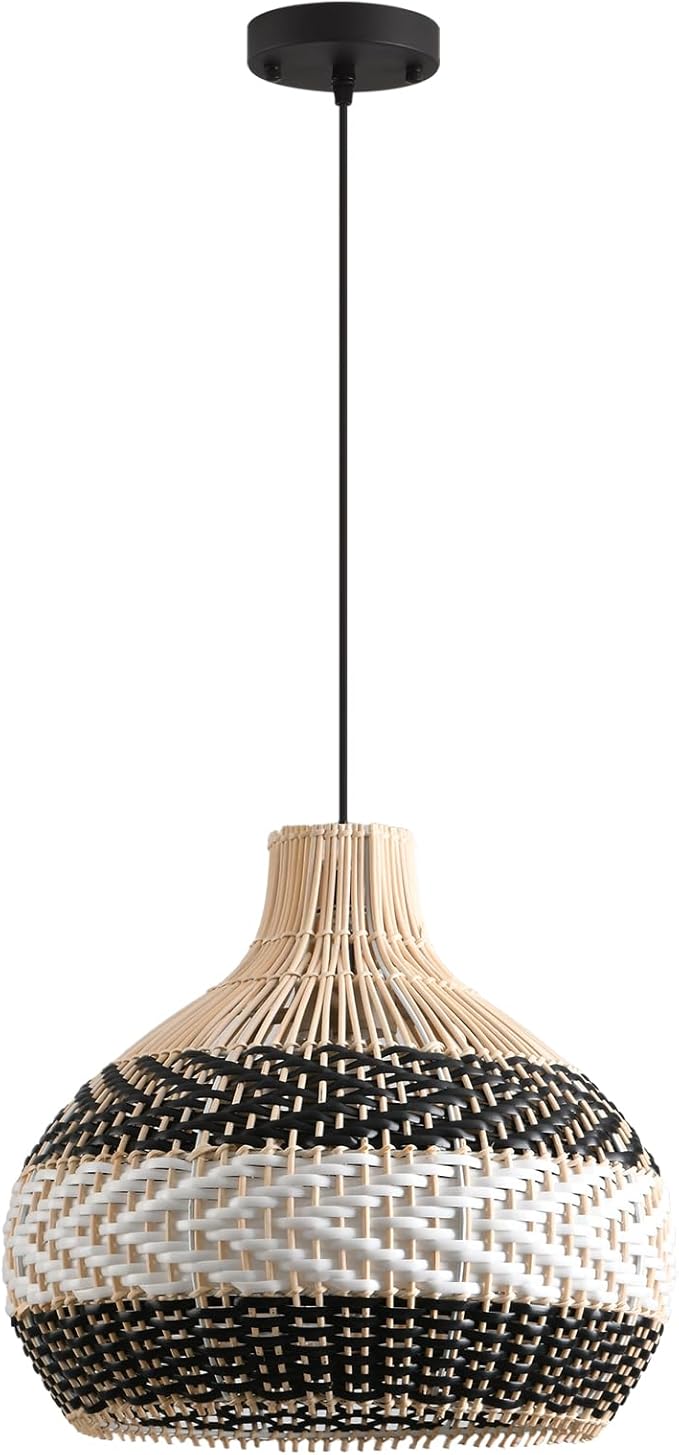 3-Light Rattan Pendant Light,15" Hand-Woven Black White Boho Basket Wicker Chandelier Faux Rattan Hanging Light,for Living Room Bedroom Kitchen Dining Hallway Farmhouse