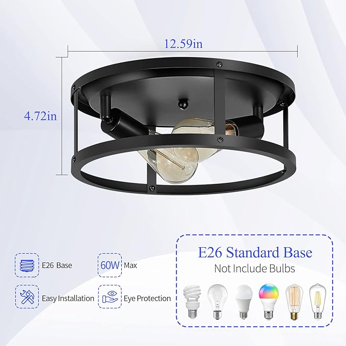 13 inch Black Flush Mount Ceiling Light Fixture,2-Light Hallway Light fixtures Ceiling,Light Fixtures Ceiling Mount for Kitchen,Farmhouse,Bedroom (2 Pack)