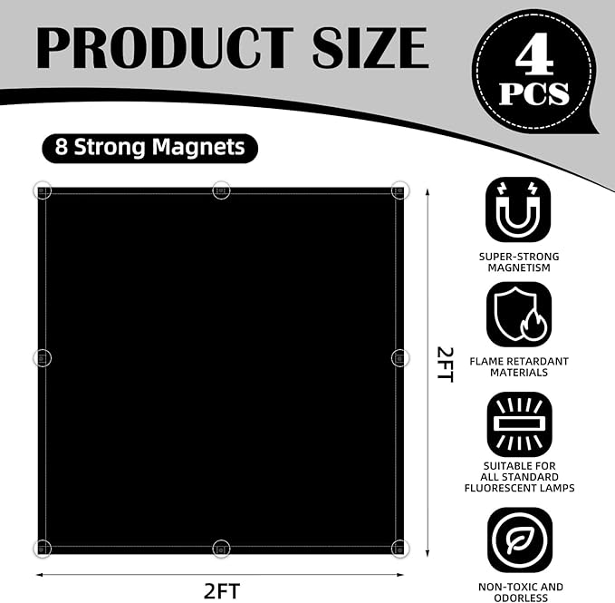 ANGSYLTH 2 x 2 Feet Fluorescent Light Covers - 4 Pcs Covers for Ceiling Lights, Magnetic Light Filters for Classroom, Office, Hospitals, Home (Black)