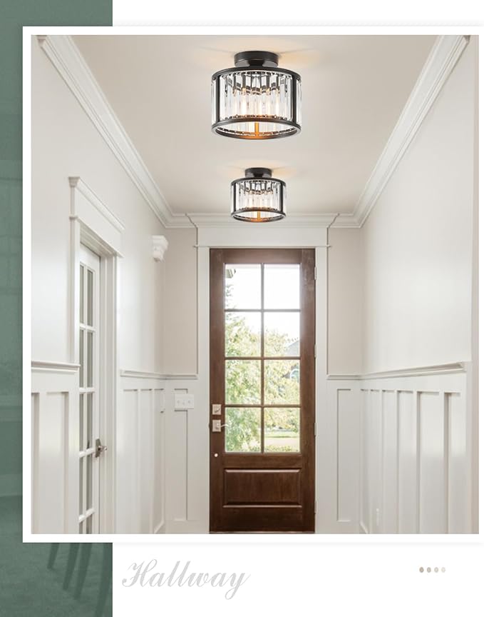 Black Flush Mount Ceiling Light, 2- Light Caged Crystal Chandelier, Small Drum Hallway Light fixtures Ceiling Mount (8.6 INCH Black)