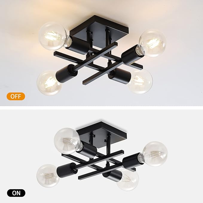 Industrial 4-Light Semi Flush Mount Ceiling Light Fixture, 3 Pack Modern Black Chandelier Lighting, Farmhouse Sputnik Ceiling Lamp, E26 Base Pendant Lamps
