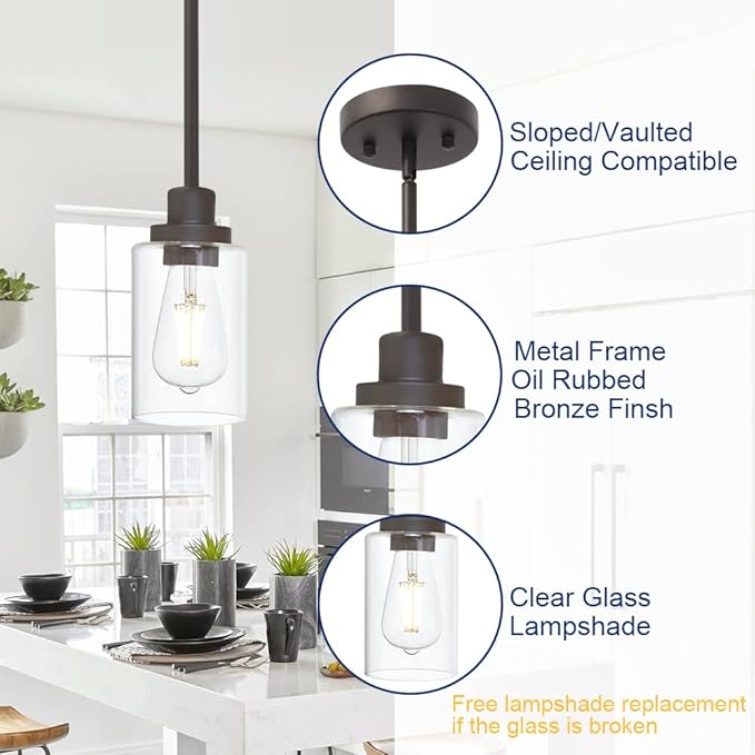 TODOLUZ Vintage 1-Light Hanging Ceiling Fixture Pendant Light, Oil Rubbed Bronze Mini Lighting Chandelier with Clear Glass Shade for Kitchen Island Farmhouse