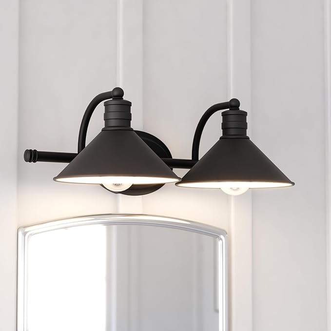 VAXCEL Akron 2-Light 18 inch Wide Oil Rubbed Bronze and Matte White Farmhouse Bathroom Vanity Lighting Fixture, Metal Shade, Dimmable, LED Compatible, Over The Mirror Mounted Steel Wall Sconce