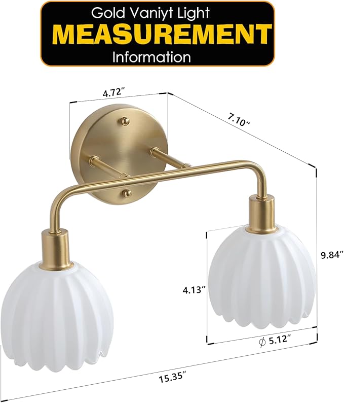 2-Light Gold Brass Bathroom Light Fixture,Wall Sconces,Brushed Gold Vanlity Light Over Mirror,Bathroom Vanity Light with White Glass Flower Shade,E26 Socket(Bulbs Not Included)
