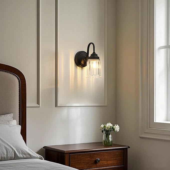 PERMO Vintage Single Sconce Black Wall Sconce with Clear Bell-Shaped Glass Shade Black Hardwired Sconces for Living Room Bedroom Doorway