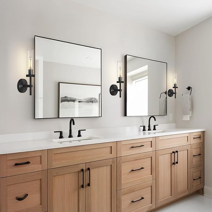 Black Wall Sconces Bathroom Vanity Wall Sconce, Glass Tube Wall Sconces 14", Sconces Wall Lighting Indoor, Wall Lights for Mirror, Living Room, Bedroom, Hallway (Including Bulb)