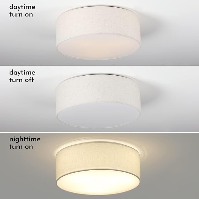 18'' Flush Mount Ceiling Light Modern Farmhouse Drum Ceiling Light Fixture with Linen Fabric Shade 3-Light Drum Ceiling Lighting Round Semi Flush Lighting for Bedroom Hallway Living Room
