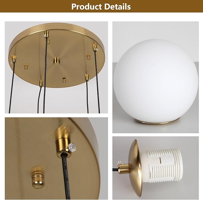 Modern Globe Cluster Chandeliers, 5-Light White Glass Pendant Light Multi Cluster Pendant Lighting Mid Century Chandelier for Living Room Staircase Foyer Entryway, Brass