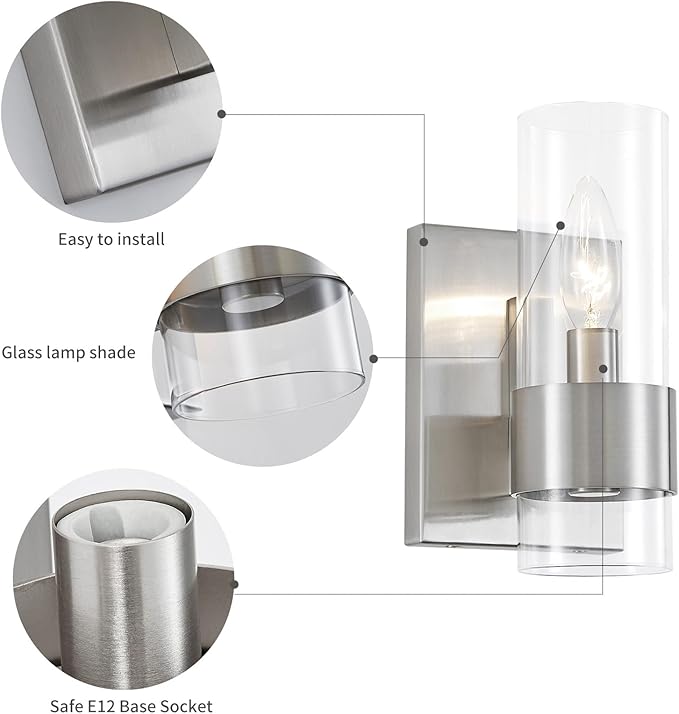 WUZUPS Set of 2 1-Light Bathroom Wall Light Fixture Over Mirror Flat Class Shade Morden Vanity Scones for Bathroom Bedroom Living Room, E12 Base, Brushed Nickel