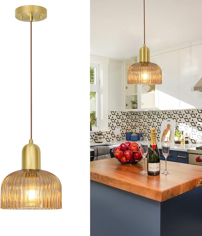 Vintage Pendant Light, Gold Pendant Lights Kitchen Island, Brass Ribbed Pendant Light with Amber Glass Shade, Mid Century Ceiling Lamp, Adjustable Hanging Light for Kitchen Island Dining Room Hallway