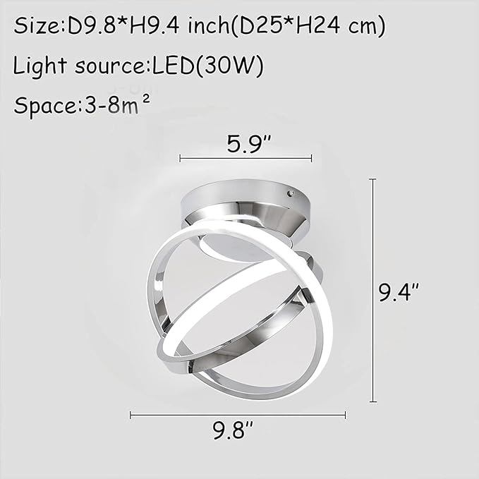 CANEOE Modern Led Ceiling Light Fixtures, 30W Creative Round Led Hallway Lamps with Chrome Finish, 6000K Close to Ceiling Lighting Fixture for Hallway Aisle Living Room Bedroom