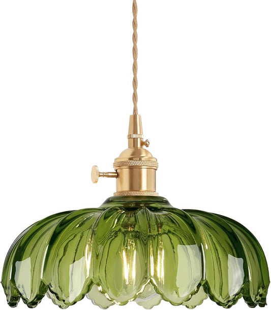 Shenmoyl Pendant Light with Green Scindapsus Glass Lmapshade, Brass Vintage Pendant Light Adjustable Hanging Light for Kitchen Island Dining Room Hallway