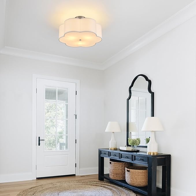 18" Modern Semi Flush Mount Ceiling Light Modern 3-Lights Linen Drum Ceiling Lighting with Chrome Finish, Vintage Ceiling Light for Living Room, Kitchen, Basement, Laundry Room, Bedroom